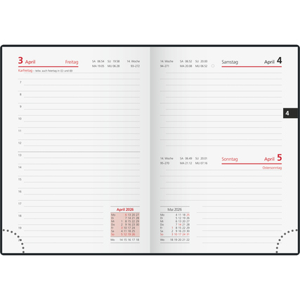 Taschenkalender im DIN A6 Format mit Kalenderansicht für April und Mai 2026 in schwarz.