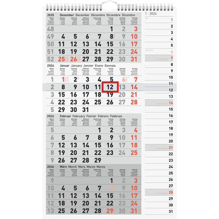 Wandkalender 2026 mit rechtsbündigem Streifenkalender für den aktuellen Monat.
