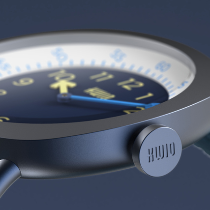 Detailansicht der KWIO Armbanduhr TIKK Moon mit Zifferblatt und seitlichem Knopf.
