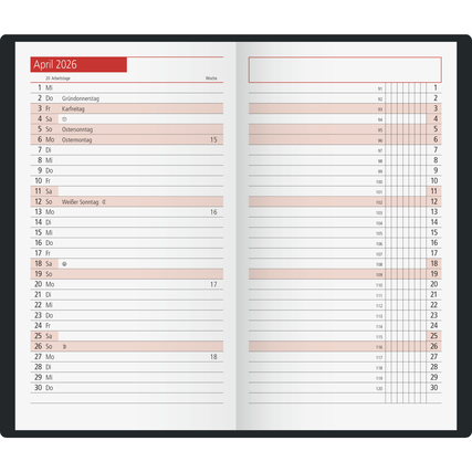 Seitenansicht eines Taschenkalenders für April 2026 mit wochenweise eingeteilten Tagen.