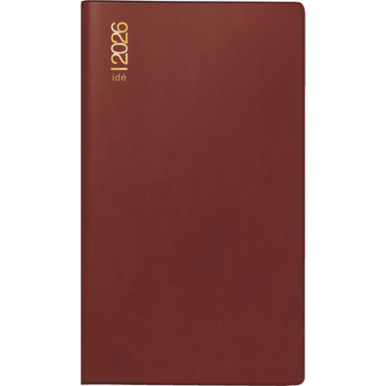 Taschenkalender im DIN A6 Format in bordeauxfarbener Lederoptik für das Jahr 2026.