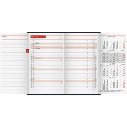 Taschenkalender im DIN A6 Format mit bordeauxfarbenem Cover und Monatsübersicht.