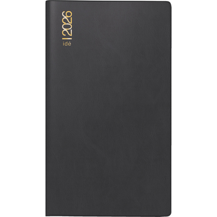 Schwarzer Taschenkalender im DIN A6 Format für das Jahr 2026 mit goldener Prägung.