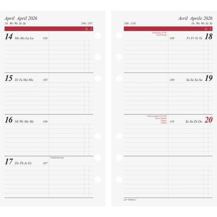 Kalendereinlage für April 2026 mit Wochentagen und Platz für Notizen.