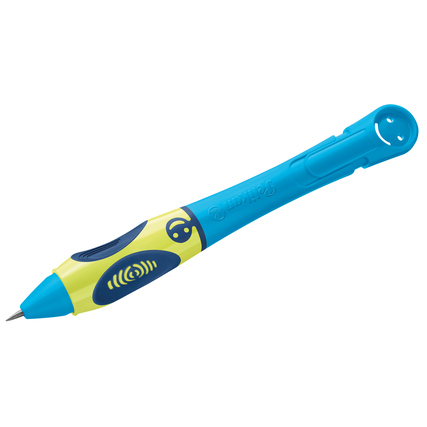Bleistift für Linkshänder in neon blau mit ergonomischem Design und Gute-Laune-Gesicht.
