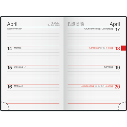 Taschenkalender im DIN A7 Format, geöffnet auf den Seiten für April 2026.