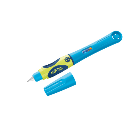 Füllfederhalter für Linkshänder in neon blau mit abgenommenem Deckel.