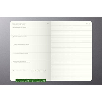 Offene Doppelseite eines Buchkalenders mit Wochennotizen für 2025/2026.