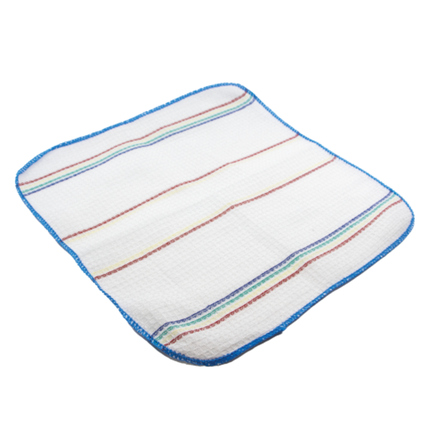 Waffelgewebtes Putztuch mit bunten Streifen und blauer Umrandung auf weißem Hintergrund.