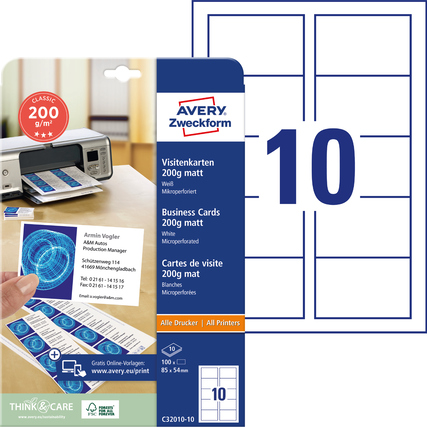 Visitenkarten auf einem Drucker, verpackt mit Mikroperforation, matte Oberfläche und 100 Stück.