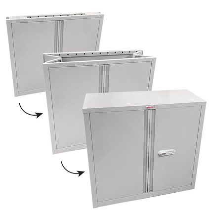 Faltbarer grauer Flügeltürenschrank mit offenem und geschlossenem Zustand im Anwendungsbeispiel.