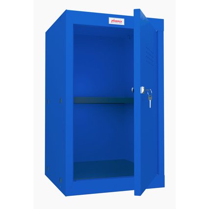 Blauer Schließfachschrank mit einer offenen Tür und einem Regalboden im Innenraum.