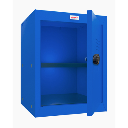 Blauer Schließfachschrank mit offener Tür und mechanischem Kombinationsschloss.