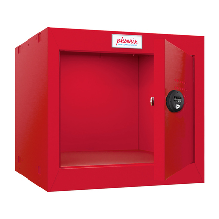Roter Schließfachschrank mit offenem Türfach und mechanischem Kombinationsschloss.