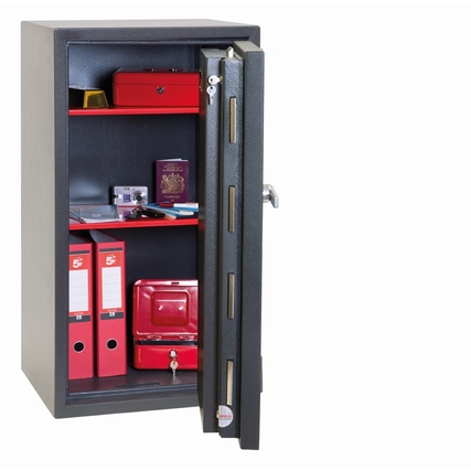 Tresor mit geöffnetem Tür, Innenansicht mit Ablagefächern und roten Ordnern.