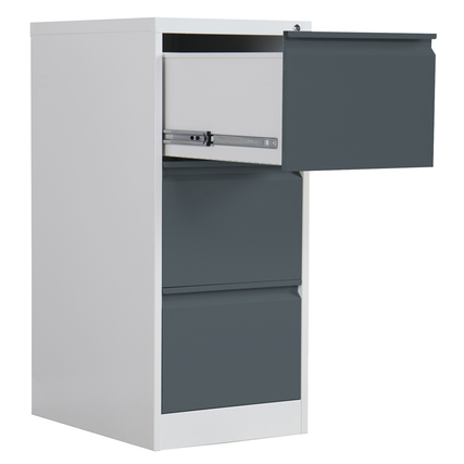 Hängeregistraturschrank mit drei Schubladen, eine davon geöffnet, in anthrazit und weiß.