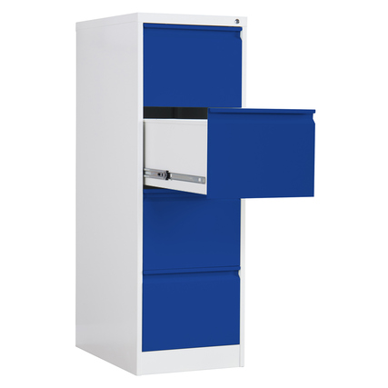 Blauer Hängeregistraturschrank mit einer offenen Schublade und zwei geschlossenen Schubladen.