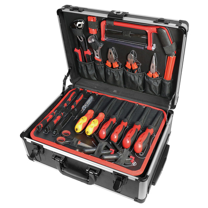 Werkzeugtrolley mit umfangreichem 210-teiligem Werkzeugsortiment in geöffneter Aluminiumbox.
