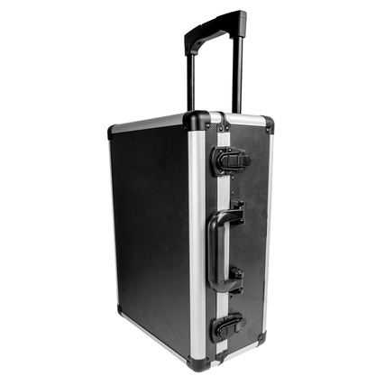 Werkzeugtrolley aus Aluminium mit zwei Rollen und herausziehbarem Teleskopgriff.
