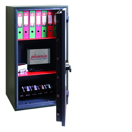 Phoenix Tresor Neptune mit offenem elektronischen Schloss, gefüllt mit Akten und Zubehör.