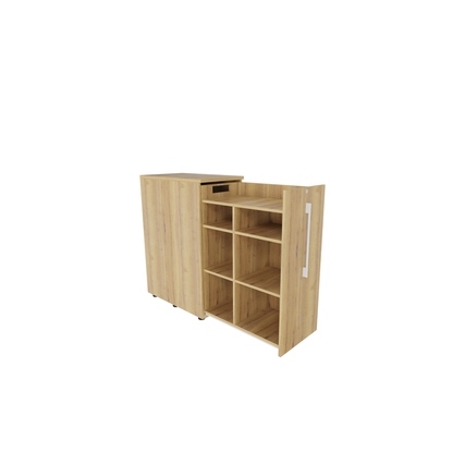 Beistellcontainer in Eiche natur, rechts offen mit Innenfächern und Oberboden als Ablagefläche.