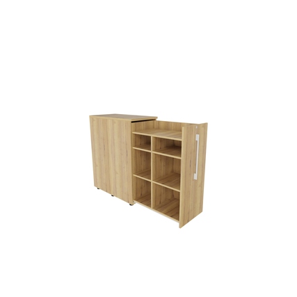 Beistellcontainer in Eiche natur, rechts offen mit Innenkorpus und Ablagefläche.