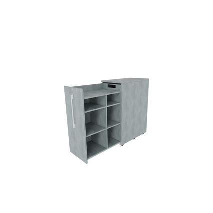 Beistellcontainer mit offenem Fach und mehreren Regalen, in hellem Betonoptik.