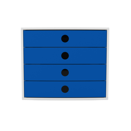 Blaue Schubladenbox mit vier geschlossenen Schubladen und runden Griffen.