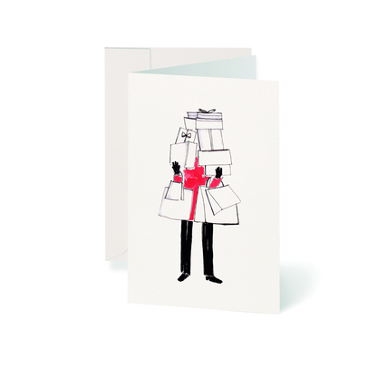 Weihnachtskarte mit Gentleman-Illustration, der Geschenke trägt, auf der Vorderseite.