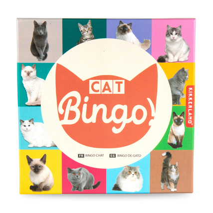 Gesellschaftsspiel mit Katzenmotiven und Bingo-Text auf farbigem Hintergrund.