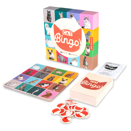 Gesellschaftsspiel Katzen Bingo mit Spielbrett, Karten, Chips und Verpackung.