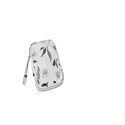 Kompaktes Reiseetui mit floralem Muster und Reißverschluss, auf heller Fläche abgebildet.