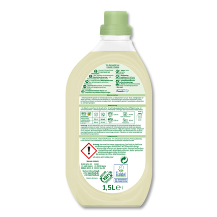 Flasche mit Frosch Waschmittel für Babys, Rückansicht mit detaillierter Inhaltsangabe.