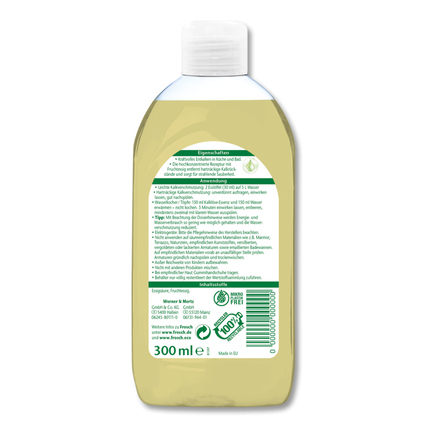 Flasche mit Frosch Essigreiniger, Rückansicht mit Produktinformationen und Inhaltsangabe.