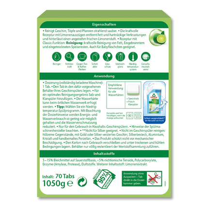 Packung der Frosch Spülmaschinentabs Classic Limonen mit Inhaltsangabe und Anwendungshinweisen.