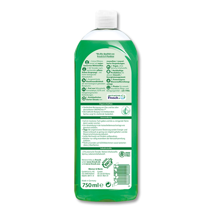 Grüne Flasche mit Glasreiniger und rückseitigen Anwendungshinweisen und Inhaltsstoffen.