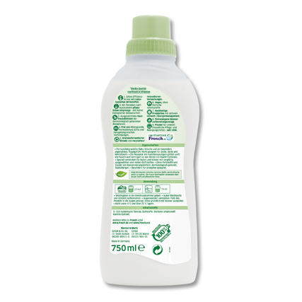Flasche Frosch Weichspüler Baby von hinten mit Inhaltsstoffen und Anwendungshinweisen.