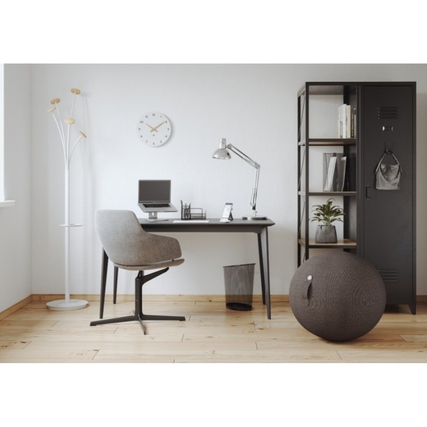 Moderner Arbeitsplatz mit einem Garderobenständer, Schreibtisch, Stuhl, Regal und Wohnaccessoires.