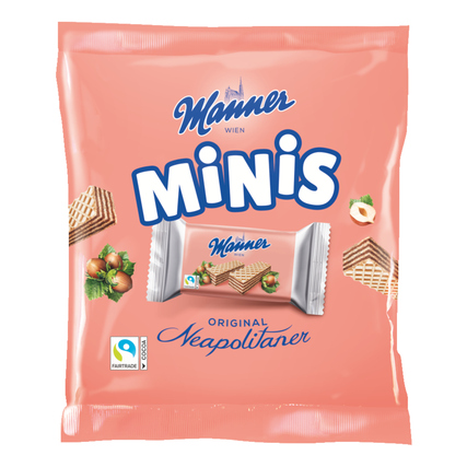 Verpackung von Manner Neapolitaner Minis in rosa mit abgebildeten Waffelschnitten und Haselnüssen.