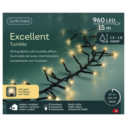 Lichterkette mit 15 m Länge, 960 LEDs und Twinkle-Effekt, auf schwarzem Kabel abgebildet.