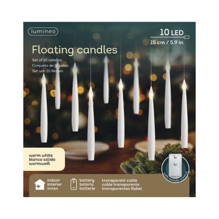 Set von 10 schwebenden LED-Kerzen in Weiß, passend für Innenräume und betrieben mit AAA-Batterien.