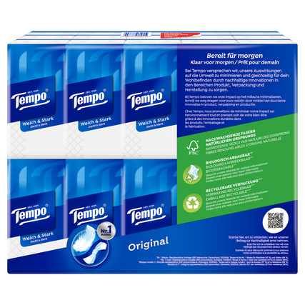 Paket mit Tempo Papiertaschentüchern zeigt die Verpackung und Produktbezeichnung auf der Rückseite.