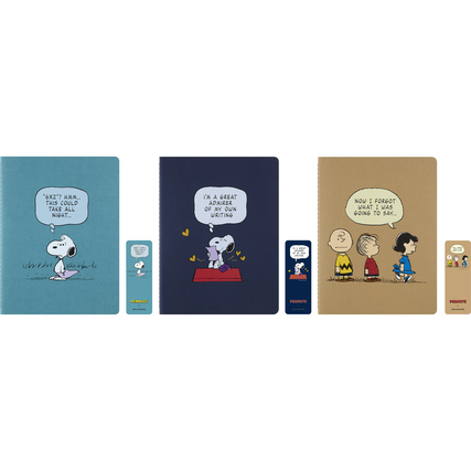 Drei Moleskine Notizhefte im Peanuts-Design mit verschiedenen Illustrationen und einem Lesezeichen.
