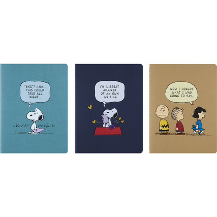 Drei Moleskine Notizhefte mit Peanuts Illustrationen in unterschiedlichen Farben und Motiven.