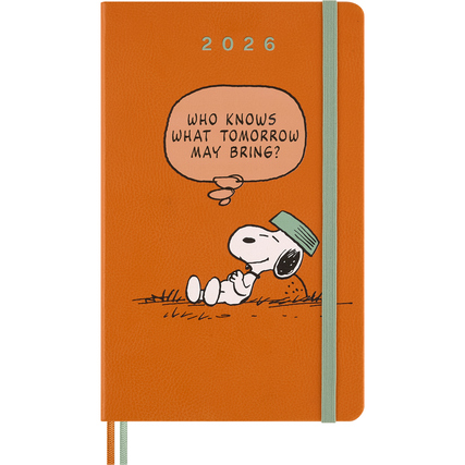 Oranger Buchkalender im DIN A5-Format mit Snoopy-Illustration und Aufschrift für 2026.