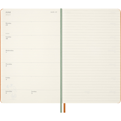 Offene Seitenansicht eines Moleskine Buchkalenders mit Wochenaufteilung und linierten Notizfeldern.