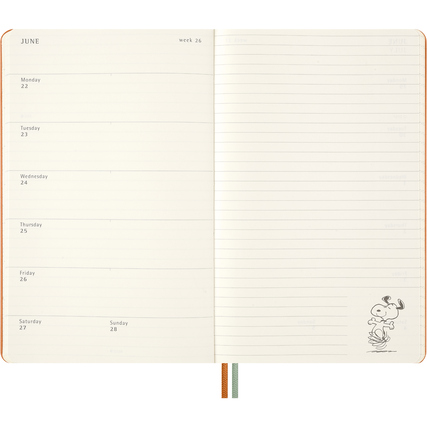 Offene Doppelseite eines Moleskine Buchkalenders mit Wochenansicht und Snoopy-Illustration.