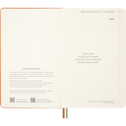 Moleskine Buchkalender Snoopy 2026 mit Illustrationen und einem Zitat auf einer geöffneten Seite.