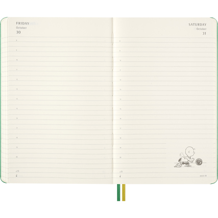 Offene Doppelseite eines Moleskine Buchkalenders mit Peanuts-Illustration und Datumsangaben.