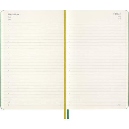 Offene Seiten eines Moleskine-Kalenders mit gestrichelten Linien für Termine.